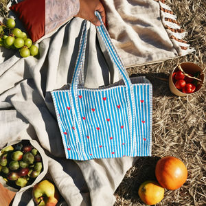 Nouveau sac fourre-tout matelassé bohème bleu uni pour femme, écologique, vintage, durable, pour le shopping et les voyages, ouvert - Product Image 4