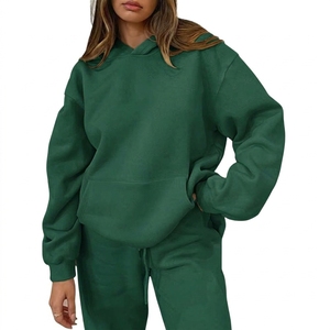 Conjunto Deportivo de 2 Piezas para Mujer, Sudadera con Capucha, Color Sólido, Manga Larga, Corte Holgado, Ropa Casual con Bolsillos Laterales, Estilo Otoñal - Product Image 2