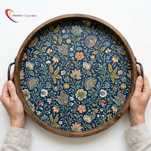 Bandeja Redonda Decorativa de Madera Hecha a Mano con Asas Metálicas Esmaltadas con Estampado Floral, Bandeja de Madera de Mango, Fabricante de Bandejas para Servir - Product Image 4