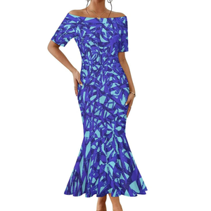 Robe sirène sexy et ajustée à manches courtes, épaules dénudées, imprimé par sublimation, style tie-dye hawaïen tropical - Product Image 4