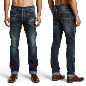 Premium <b>Men's</b> Raw Edge Tapered Denim Pants with Heavyweight Cotton Construction Contrast Stitching and Modern Casual Style - Product Image 2