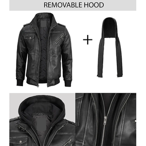 Blouson en cuir de vachette noir OEM 2026 pour homme, avec capuche, col, poches zippées, imperméable, haute qualité, faible MOQ, mode hiver, logo frontal - Product Image 6