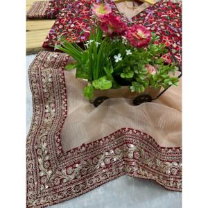 Sari de créateur avec de magnifiques paillettes et bordure en dentelle brodée Jari Dori à imprimé floral pour les mariages - Product Image 2