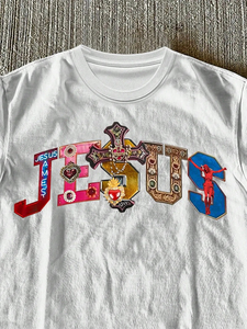 Camiseta de Manga Corta para Mujer, 100% Algodón de Alta Calidad, con Estampado Gráfico de Cruz y Jesús con Piedras Preciosas Multicolores, Cuello Redondo - Product Image 3