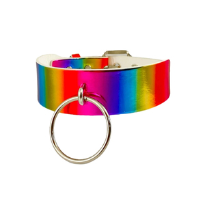 Collier ras du cou en cuir PU arc-en-ciel avec chaîne à maillons et anneau en O argenté, style punk mignon, accessoire de fête tendance - Product Image 3