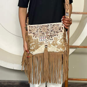 Wholesale Factory Price Handcrafted Genuine Cowhide <b>Leather</b> Fringe Bags Designer Floral <b>Tooling</b> Western Style Shoulder Purse - Product Image 4