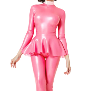 Combinaison rose en PU pour femme, col roulé, manches longues, taille froncée, coupe ajustée, longueur intégrale, couleur unie, tenue de club - Product Image 4