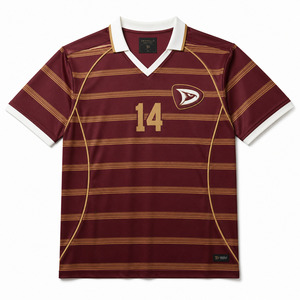 เสื้อฟุตบอลตาข่ายสั่งทำขายส่งแบบย้อนยุค Y2K ชุดฟุตบอลสีแดงเบอร์กันดีลายทางสีทอง แขนสั้น เสื้อกีฬา - Product Image 3