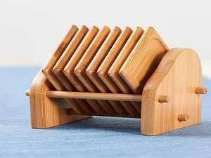 Ensemble de sous-verres en bois en forme de mini planche à découper avec support, tapis de boisson carré en bois dur, coussin pour tasse à café, protection de surface de table - Product Image 3