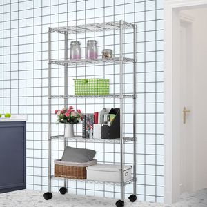 Scaffale in Ferro Cromato a 5 Ripiani con Ruote in Nylon da 1,5 Pollici, 165*90*35, Armadietti Portautensili Cromati - Product Image 1