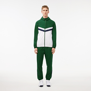 Ensemble de survêtement à capuche pour homme, vert et blanc, avec blocs de couleur, manches longues, fermeture éclair, style sportif décontracté, respirant, en polyester, pour l'automne - Product Image 1