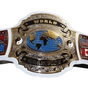 Ceinture de champion du monde avec drapeaux internationaux Mexique, États-Unis, Canada, Royaume-Uni, Brésil, Japon, design plaqué or, sangles noires - Product Image 2