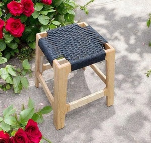 Tabouret moderne en bois noir avec pieds en bois et corde tressée, repose-pieds fait main style ferme pour salon et maison - Product Image 3