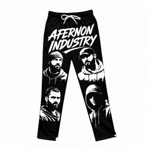 Pantalon de jogging noir pour homme Afernon Industry, taille élastique avec cordon de serrage, style urbain, imprimé, respirant, léger, délavé à l'acide - Product Image 1