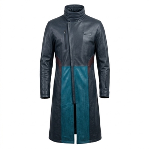 Abrigo de Cuero Genuino Azul Pizarra para Hombre, con Panel Azul Verdoso Personalizado, Cuello Alto, Cremallera Asimétrica, Gabardina Larga, Fabricante B2B - Product Image 1