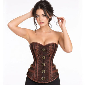 Women Brown Floral <b>Corset</b> With Leather Trim Hook And Eye Front Lace Up Back Firm Control <b>Shapewear</b> Women <b>Corset</b> - Product Image 2