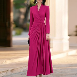 Robe de soirée longue en satin à col en V pour femme, manches longues, coupe modeste, style A-line drapé, motif Paisley écologique - Product Image 4