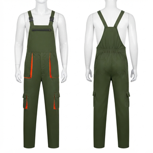 <b>Men</b> <b>Work</b> Bib Pant 240 GSM Premium Poly Cotton Ripstop Olive Green Orange Contrast Panel Custom Embroidery Logo <b>Overalls</b> - Product Image 1