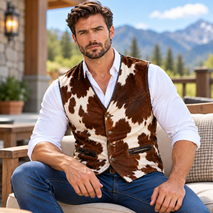 Gilet en cuir de vachette avec fourrure pour homme |   Gilet Western pour homme en cuir de vache avec fourrure |   Gilet western pour homme - Product Image 6