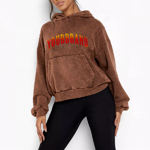 High Quality Women's <b>Brown</b> Cropped Hoodie Drop-Shoulder Oversized Knitted Cotton Blend Front Letter Print Autumn Wear - Product Image 1