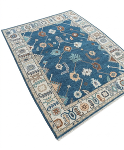 Hand Knotted Modern Oushak Wool Rug Blue <b>Turkish</b> Floral Area Rug Handmade Luxury Oriental <b>Carpet</b> for Living Room - Product Image 1