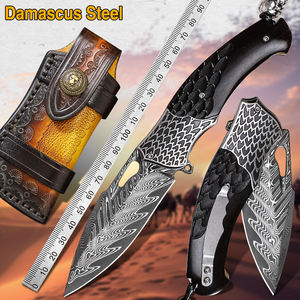 Cuchillo Plegable de Acero de Damasco de Grado Industrial para Camping y Caza con Funda de Cuero OEM para Hombre - Product Image 5