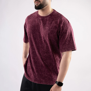 Camiseta de Algodón Lavado Color Granate para Hombre, Manga Corta, Cuello Redondo, Corte Regular, Estilo Casual, Tejido Jersey, Color Sólido, Diseño Liso - Product Image 1