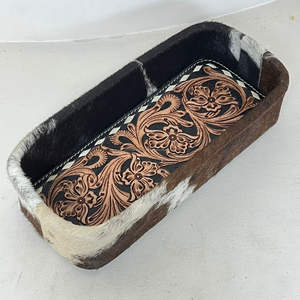 Custom Luxury Design Handcrafted Tooled Cowhide Leather Tray Western Style Organizer Decorative Storage Gift for Home Office Use - Product Image 4