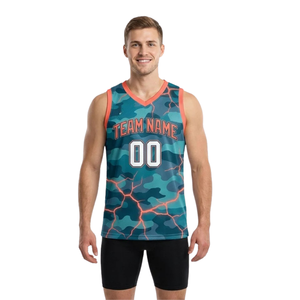 Ensemble de maillot et short de basketball ajustés pour homme, col en V, sans manches, imprimé motif camouflage craquelé, nom et numéro de l'équipe, uniforme deux pièces pour adulte - Product Image 1