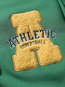 100% Cotton Hooded High Street Varsity <b>Jacket</b> Men Green Brown for Color Blocking Embroidered Patch Design Sherpa <b>Lining</b> Front - Product Image 3