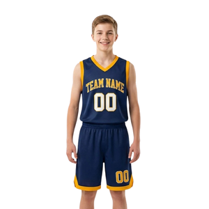 Custom <b>Mens</b> <b>Navy</b> Gold Basketball Uniform Set V Neck Sleeveless Jersey <b>Shorts</b> Contrast Trim White Numbers Wholesale Teamwear Kits - Product Image 1