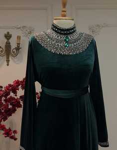 Elegant Blue Velvet Abaya With Rhinestone Collar And Sleeve Detail For Evening Party Wear Women Floor Length Long - Product Image 4