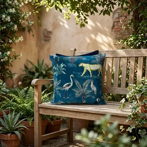Teal <b>Blue</b> Cotton Velvet Pillow home text Cover with Leopard Birds and Forest Print Luxury Decorative <b>Throw</b> Cushion Cover - Product Image 6