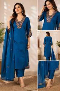 Ensemble de vêtements ethniques brodés pour femmes, trois pièces, bleu, kurta, pantalon, dupatta, tenue traditionnelle festive, fabricant en gros - Product Image 2