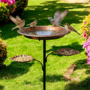 Bain d'oiseaux en cuivre avec plateaux d'alimentation, pour jardin extérieur, avec piquet, en cuivre pur poli, bol pour oiseaux et bain d'oiseaux sauvages avec support - Product Image 1