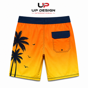 Shorts de Playa para Hombre de Secado Rápido, 100% Algodón, con Estampado de Palmeras en Degradado Naranja y Amarillo, Personalizables con Logotipo OEM - Product Image 2