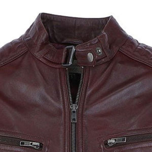 Men's <b>Burgundy</b> Genuine <b>Leather</b> Waterproof Moto <b>Jacket</b> Stand Collar Zipper Closure Slim Fit Regular Length Solid Front Winter - Product Image 2