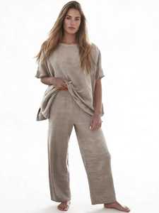 Ensemble décontracté d'été pour femme : haut à manches courtes en lin et coton beige et pantalon large coupe ample - Product Image 1