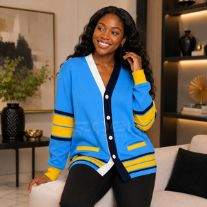 Cardigan en tricot bleu pour femme Cosh International, manches longues, col en V, rayures contrastées, style preppy, pull décontracté, à porter toute l'année - Product Image 3
