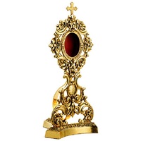 Reliquaire/Monstrance en laiton antique finition dorée, design traditionnel, croix rouge centrale, pour table, durable, en métal, pour salon