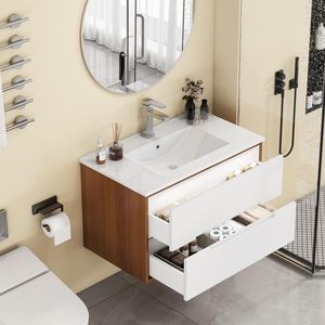 Mobile Bagno Sospeso da 32 Pollici con Doppio Cassetto, Sistema Soft-Close e Lavabo in Ceramica Arrotondato - Collezione Soli-Bathroom - Product Image 6