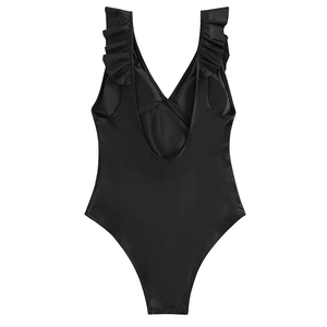 Maillot de bain une pièce en satin noir pour femme, col en V, volants, bretelles spaghetti, sans manches, séchage rapide, tenue de plage printemps-été - Product Image 2