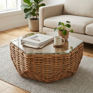 Mesa de Centro de Estilo Antiguo Tradicional Sakai, con Tapa de Ratán Tejido Natural, Muebles para Sala de Estar y Comedor - Product Image 4