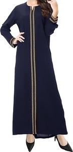 Abaya modesta hasta el suelo con cuello redondo, mangas largas, color sólido y detalles bordados para mujer - Product Image 4