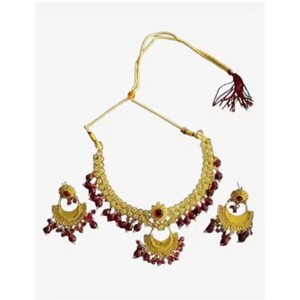 Gold Plated Ethnic Necklace and Earring <b>Set</b> with Red Tassel and <b>Crystal</b> Rhinestone for Women Wedding Festival Wear - Product Image 1