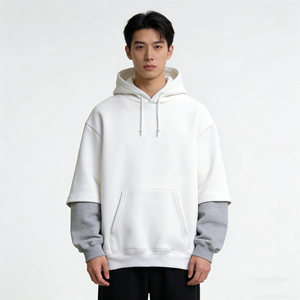Sweat à capuche pour homme, coupe classique, 100% coton, hiver, manches superposées, poche contrastante, polaire, épaules tombantes, streetwear décontracté - Product Image 1
