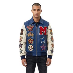 Chaqueta de béisbol de cuero azul tostado con parches, solapa de botones de cuero resistente, cuello de punta de forro polar, mangas de cuero, chaquetas cómodas - Product Image 1