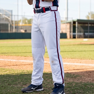 Maillots de baseball/softball personnalisés à double passepoil en sergé 100 % polyester blanc avec passepoil double, rouge marine, passants de ceinture et ourlet ouvert – Uniforme d'équipe - Product Image 5