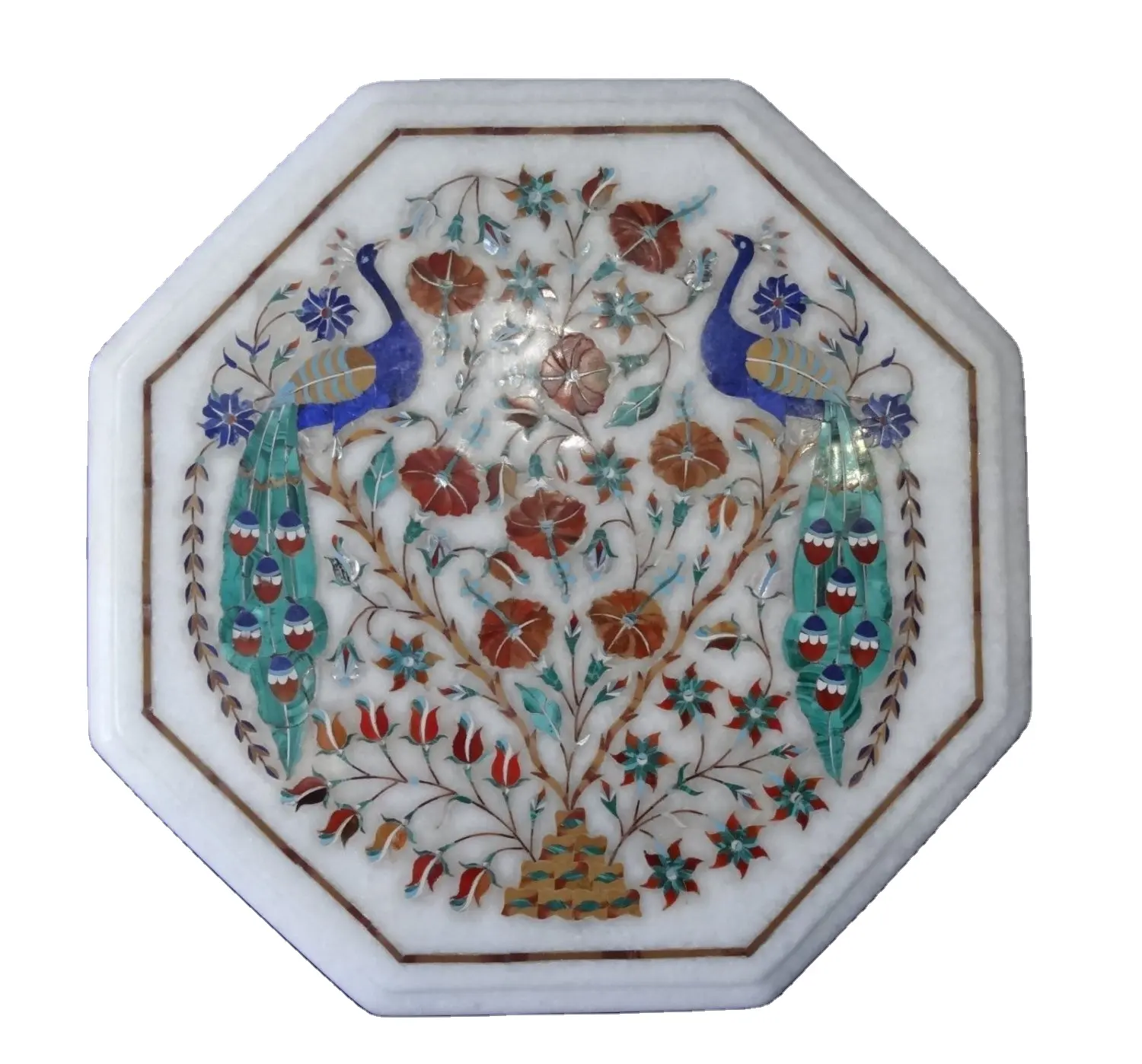 Real Semi Precious Gemstone Inlaid Marble Table Top Pietra Dura Inlay Table Top