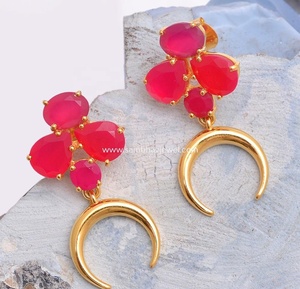 Pendientes colgantes finos de estilo único clásico de Plata de Ley 925, piedras preciosas de Calcedonia fucsia Natural chapadas en oro, cóctel de 4cm - Product Image 2